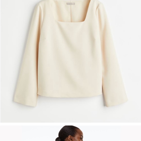H&M cream double lined square neck wide sleeve crepe blouse - Picture 2 of 6